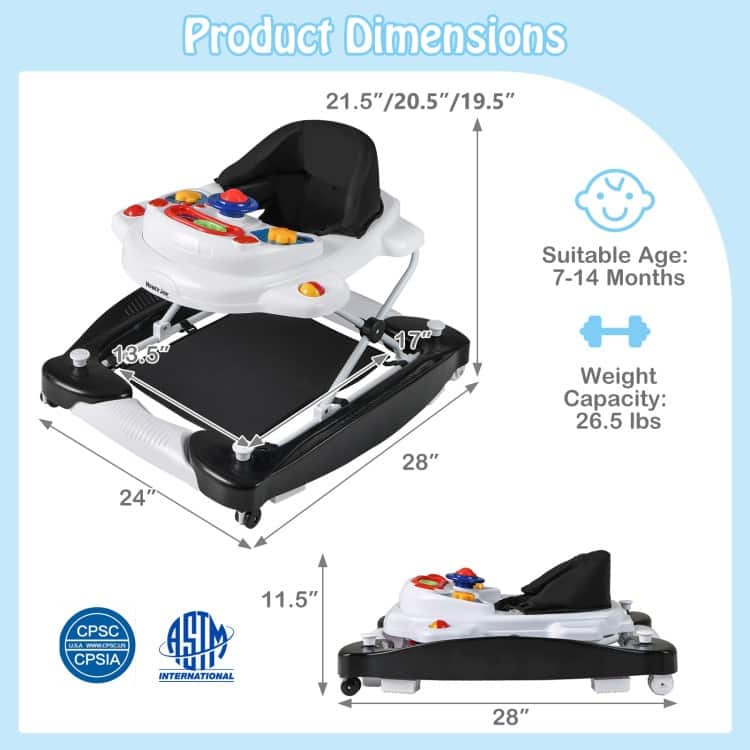 6 in 1 Foldable Baby Walker with Adjustable Height - 28" L x 24" W x 19.5" H
