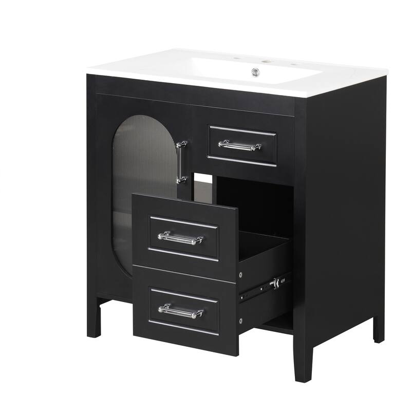 Modern Bathroom Storage Cabinet Vanity with Oval Hazy Glass Door, Acrylic Handles, 2 Different Size Drawers and Adjustable Shelf