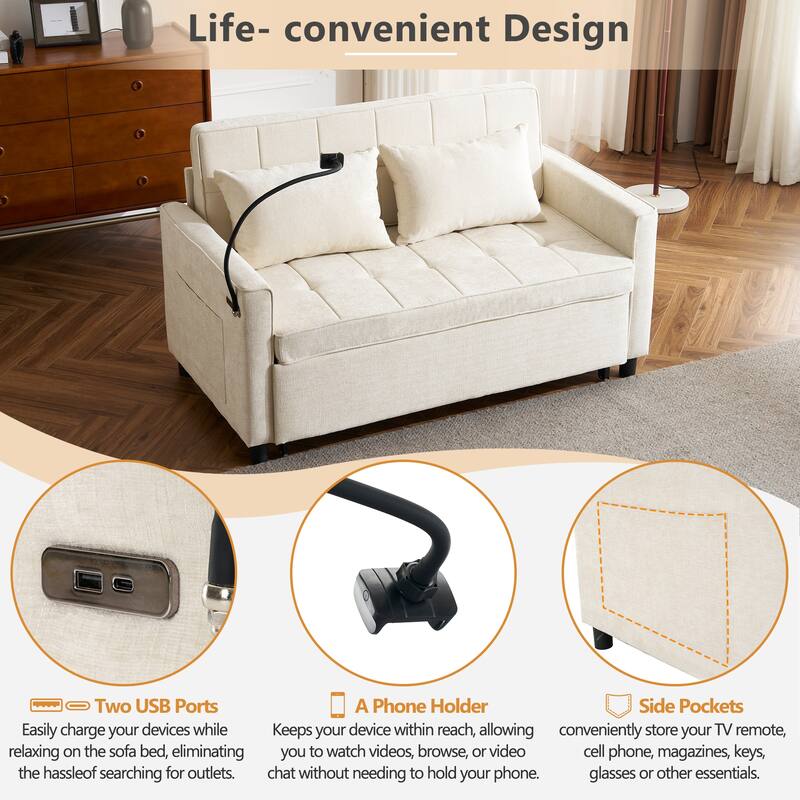 Roomfitters Loveseat Pull-Out Sofa Bed with Reversible Backrest Cushion, Side Pockets, USB Ports, and Phone Holder