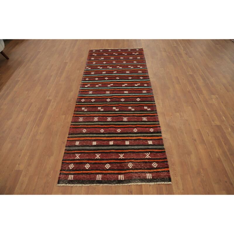 Hand Woven Oriental 100% Wool Carpet Southwestern Tribal Red Kilim Runner Rug - 8' 4'' X 3' 3''