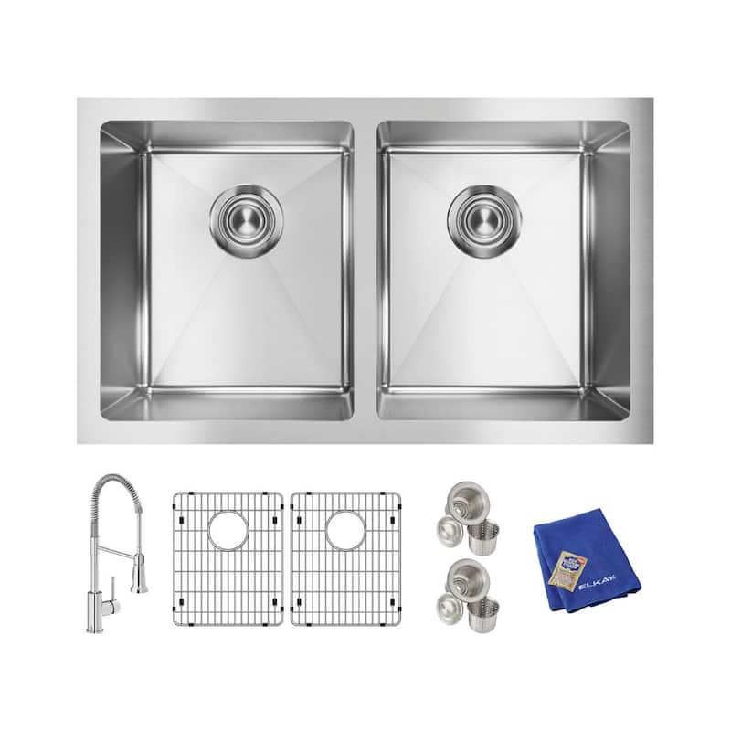Elkay Crosstown 16 Gauge Stainless Steel, 30-3/4" x 18-1/2" x 10" Equal Double Bowl Undermount Sink Kit - With Faucet
