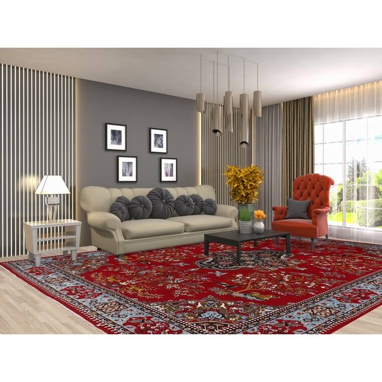 Animals Red Pictorial Kashan Turkish Area Rug Machine Made Carpet - 9'7" x 13'1"