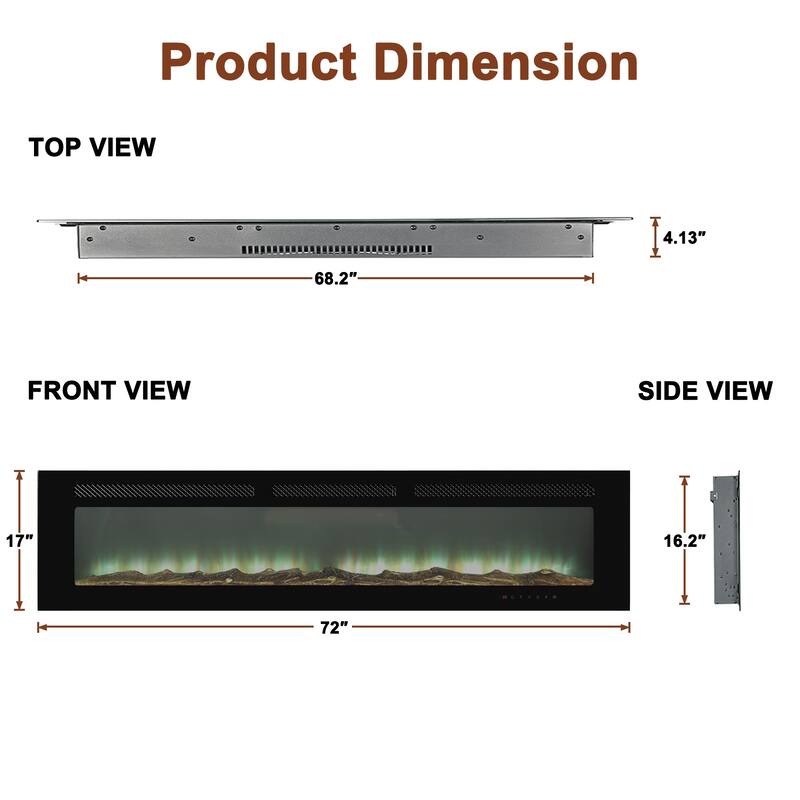LED Recessed Electric Fireplace with 3 Top Light Colors, Remote Control, Adjustable Heating, and Touch Screen 1500W, Black