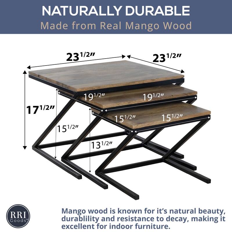 Mango Wood Nesting Tables Set of 3 with Black Metal Z Frame Base
