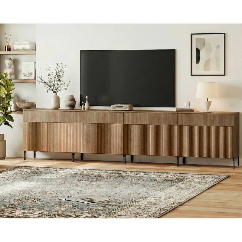 31.5" Modern Reeded TV Stand With Doors, Entertainment Center With Shelf, Wooden TV Console