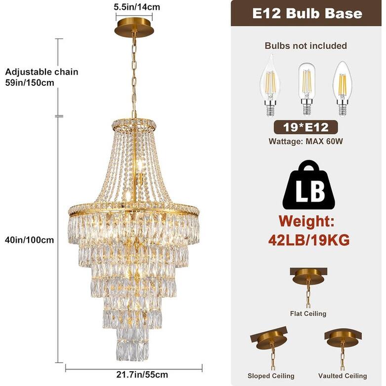 KAYLA High Ceiling Chandelier 13-Light Gold Modern Crystal Chandeliers Pendant Light Foyer Chandelier Fixtures