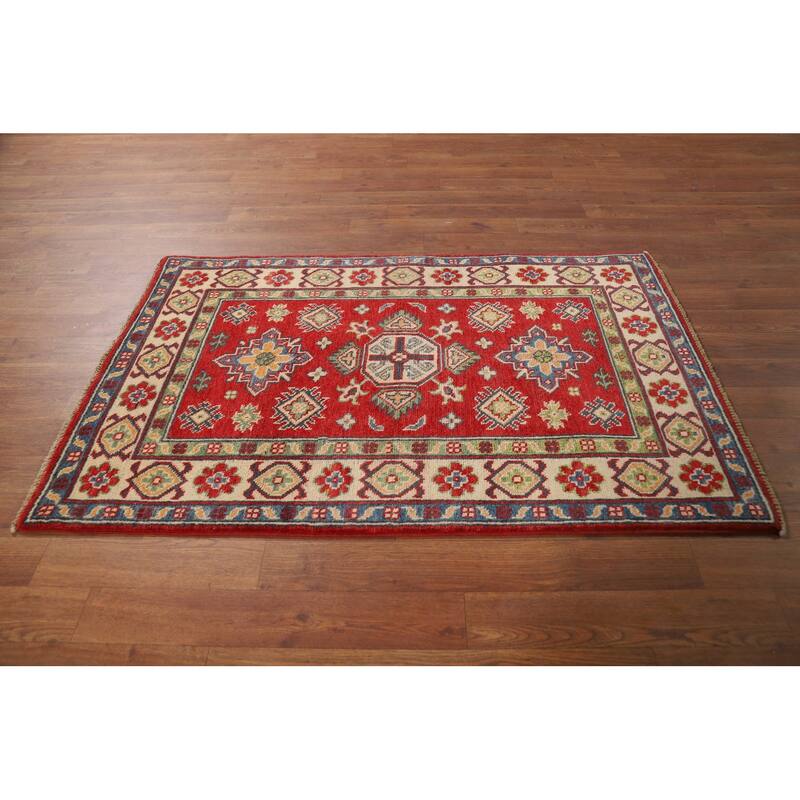 Red Geometric Kazak Foyer Rug Handmade Wool Carpet - 2'7"x 4'0"