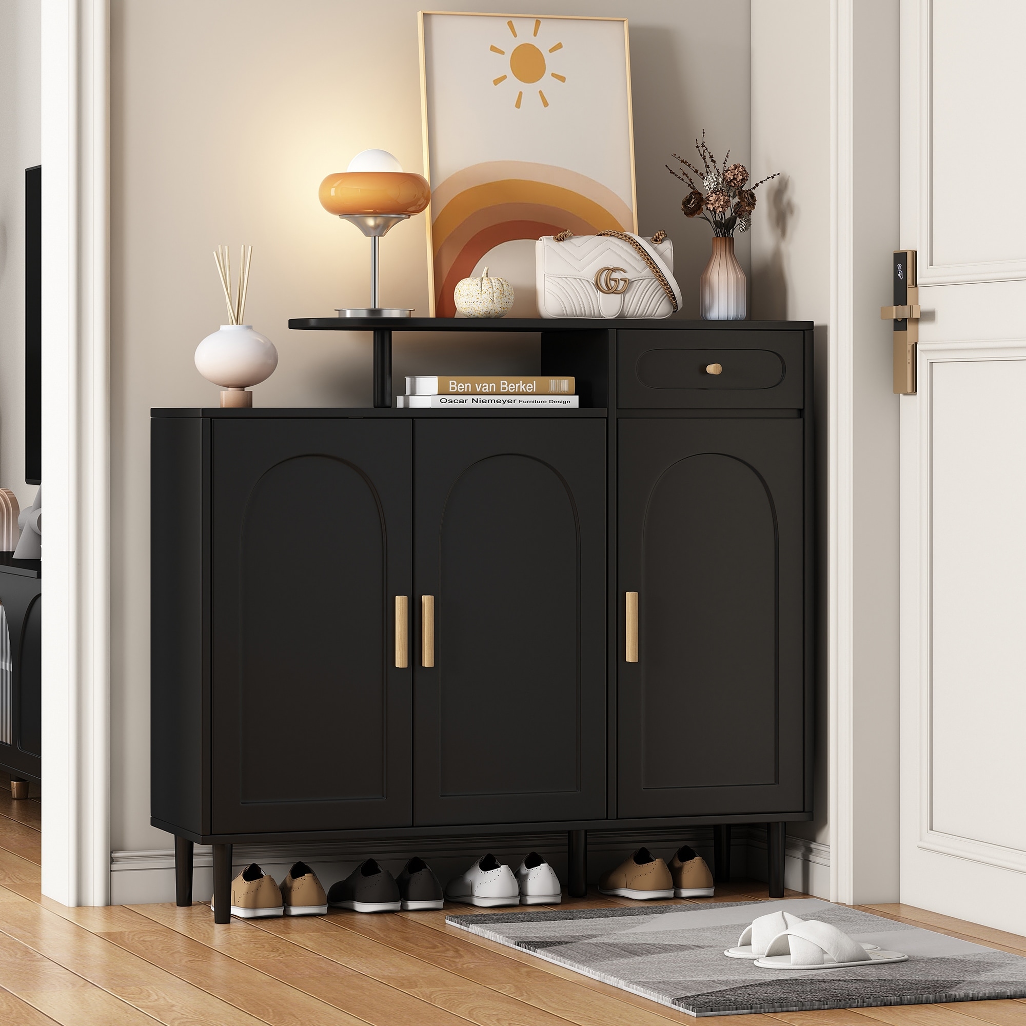 Elegant Freestanding Shoe Cabinet With Arched Doors and Drawer, Storage Cabinet, Storage Sideboard With Adjustable Shelves