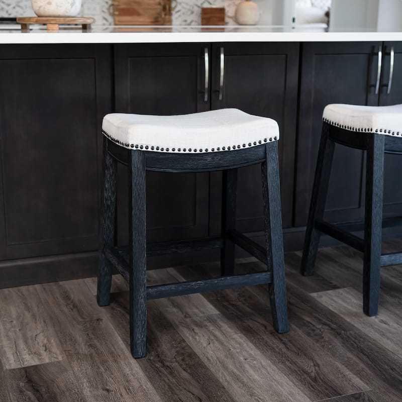 Maven Lane Sophia Saddle Kitchen Dining Stool - Aged Black w/Fabric - Counter Height