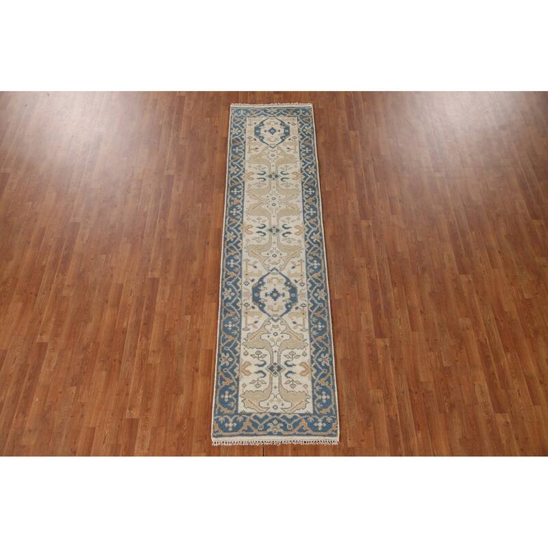Floral Beige Oushak Style Runner Rug Hand-knotted Wool Carpet - 2'6"x 9'9"
