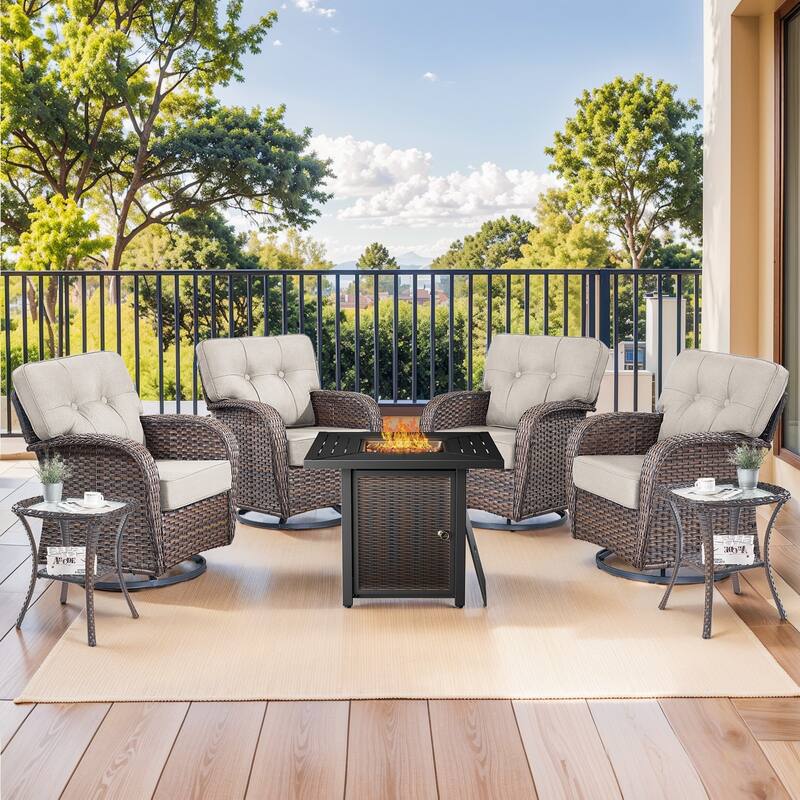 Pocassy Outdoor 30 In Fire Table with Swivel Chair Set - Brown Wicker Beige Cushion - 6-Piece Swivel Chair Table with Fire Pit Table
