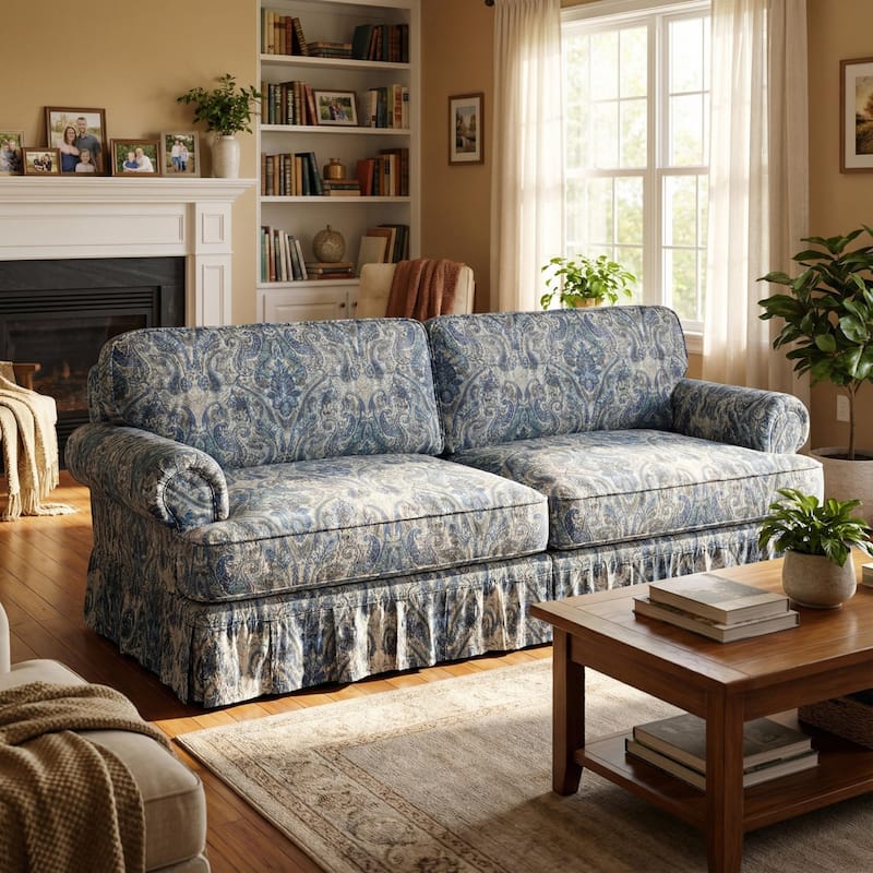 Homy Casa 3/4-Seater Chenille Cloud Sofa with Rolled Arms & Pleated Skirt, Extra Deep Seat, Multiple Colors - 3 - Blue