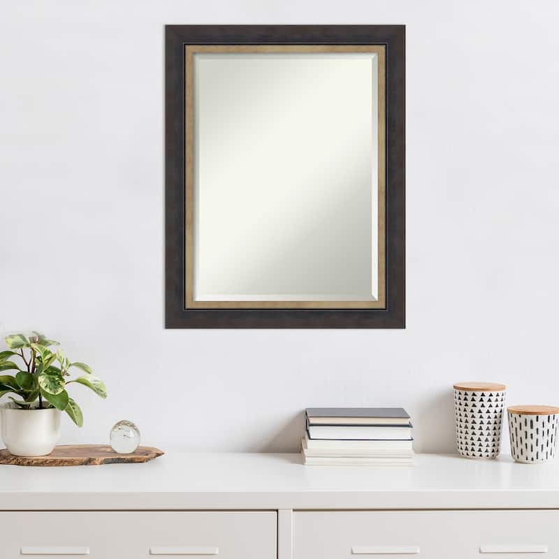 Hammered Charcoal Tan Beveled Wood Framed Wall Mirror - Hammered Charcoal Tan