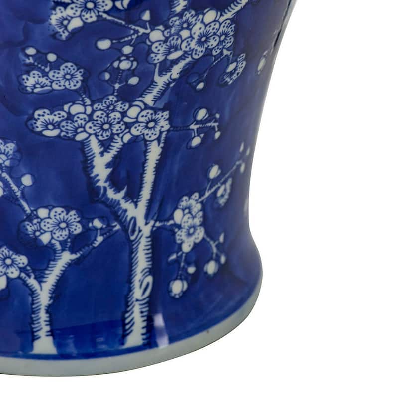 18 Inch Porcelain Ginger Jar, Finial Lid and Round Curved, Blue Flowers
