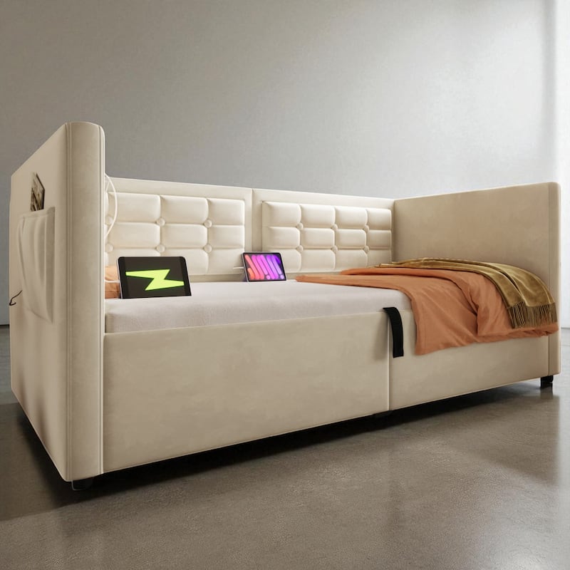 Upholstered Twin Daybed with Hydraulic Storage, USB & Type-C Charging, Velvet Frame with Wooden Slats - Beige - Twin
