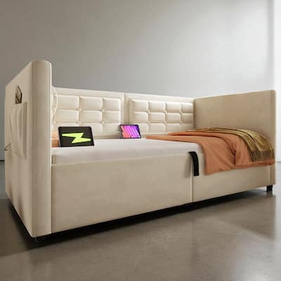 Upholstered Twin Daybed with Hydraulic Storage, USB & Type-C Charging, Velvet Frame with Wooden Slats