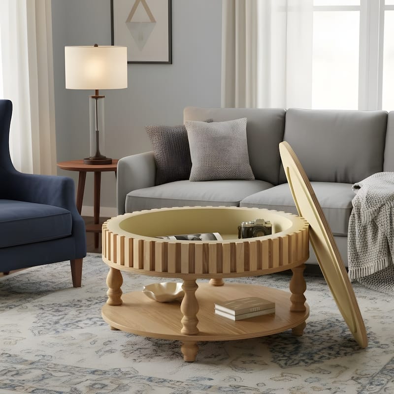 Farmhouse Fluted Coffee Table with Storage and Flip-Top Lids - Natural Wood