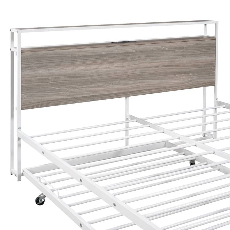 Queen Size Metal Platform Bed with Trundle,USB Ports,No Box Spring Needed