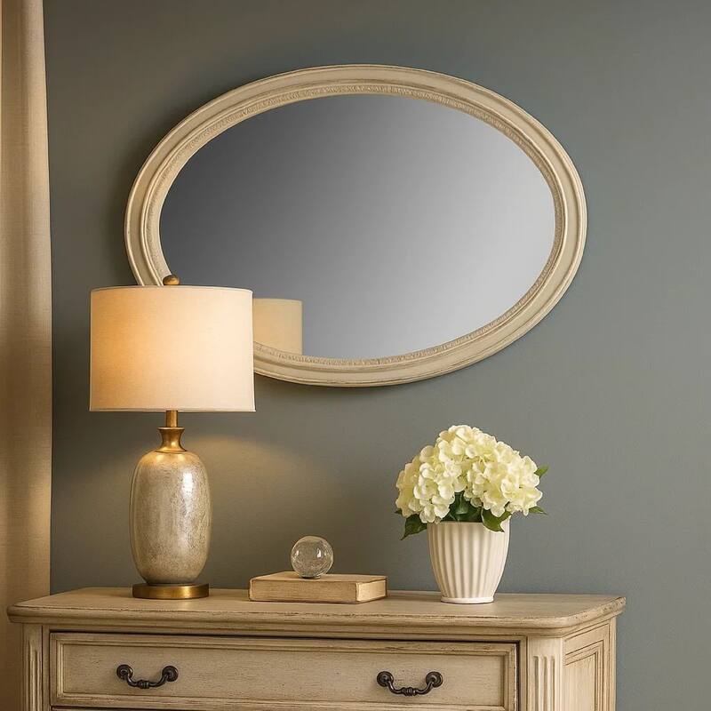 Oval Shaped Wooden Mirror with Molded Details, Antique White