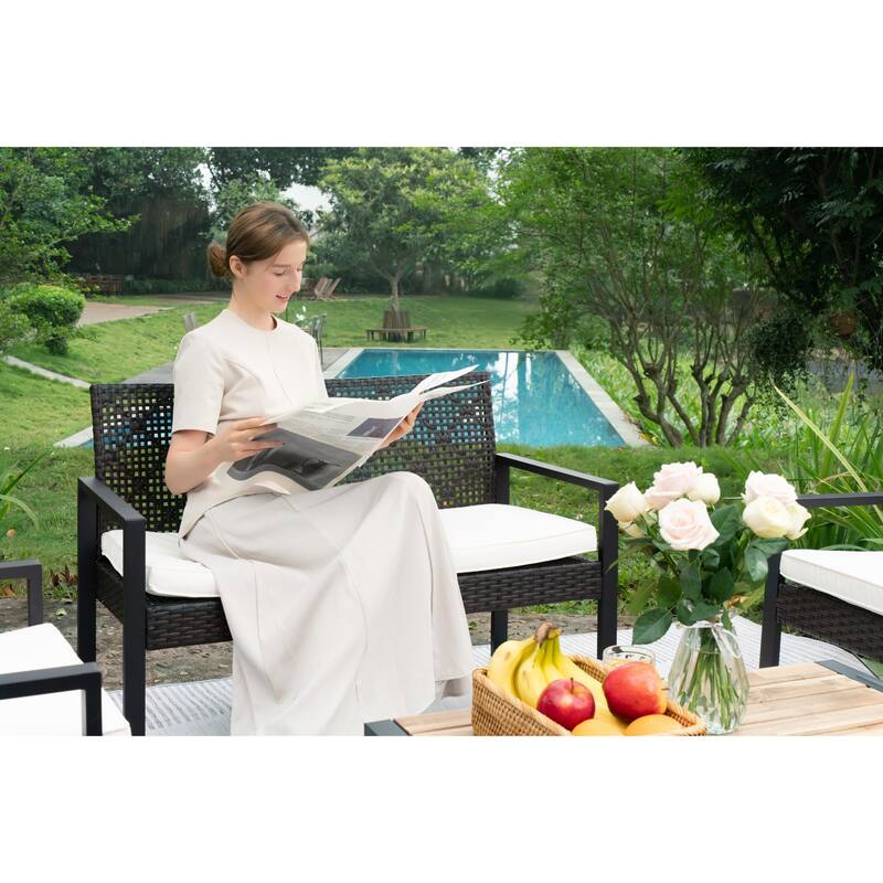 4-Piece Outdoor Patio Set with Double and Single Chairs, Acacia Wood Table, Durable PE Rattan Frame, Waterproof Cushions