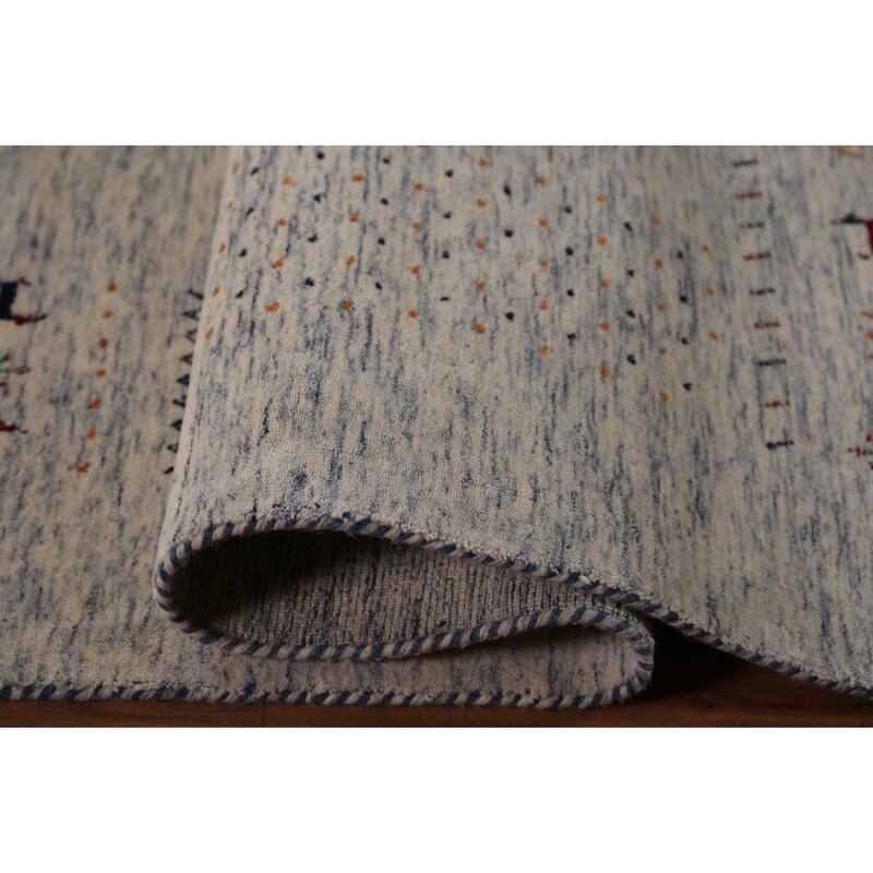 Ivory & Blue Tribal Gabbeh Oriental Area Rug Handmade Wool Carpet - 8'1"x 9'10"