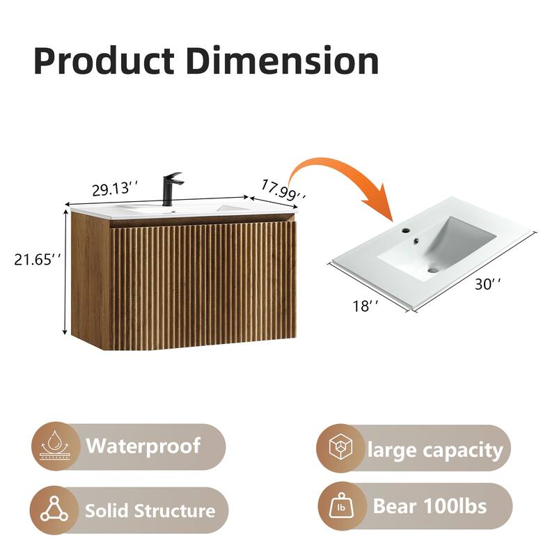 30 Inch Folding Wall Cabinet with Ceramic Sink, Patented 1-Minute Install, Space-Saving Modern Bathroom Cabinet