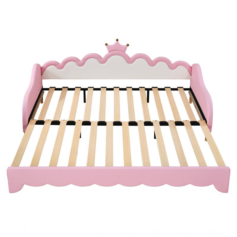 Twin Extending Daybed with LED Lights, Modern Upholstered Princess Daybed With Crown Headboard