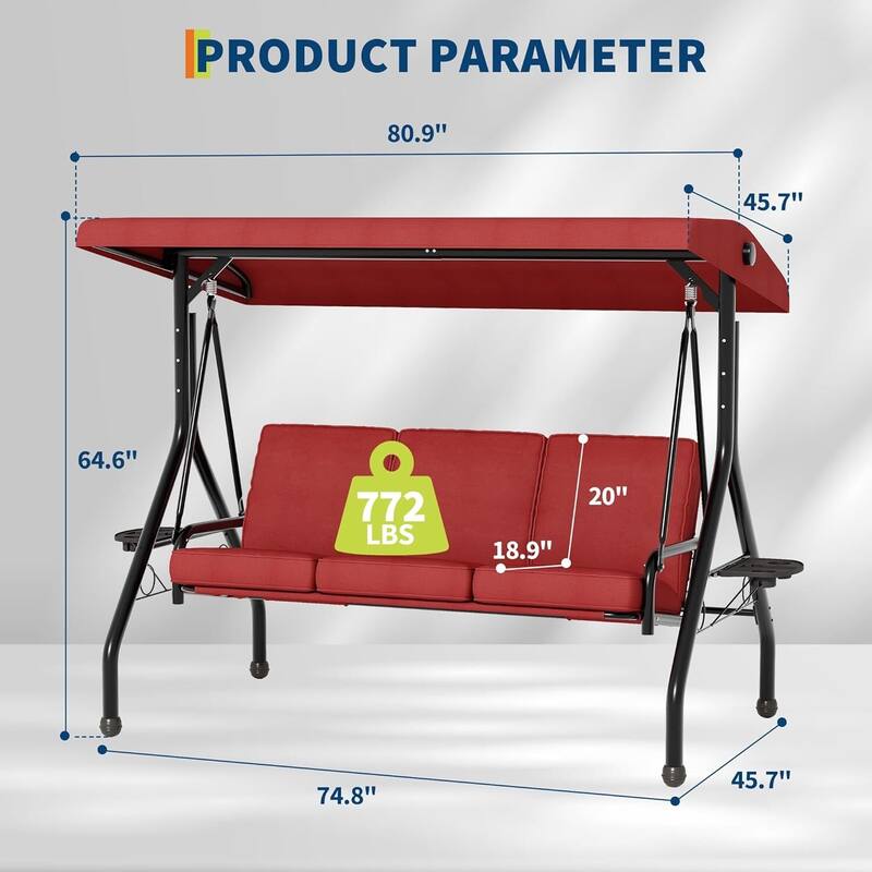 3 Seat Outdoor Porch Swing Chair with Canopy ＆ Cup Holders for Backyard, Porch, Garden