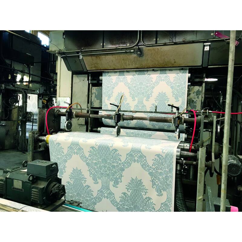 Franconville Periwinkle/White Sure Strip Prepasted Damask Pineapple Plantation Wallpaper Covers about 60.75 sq. ft.