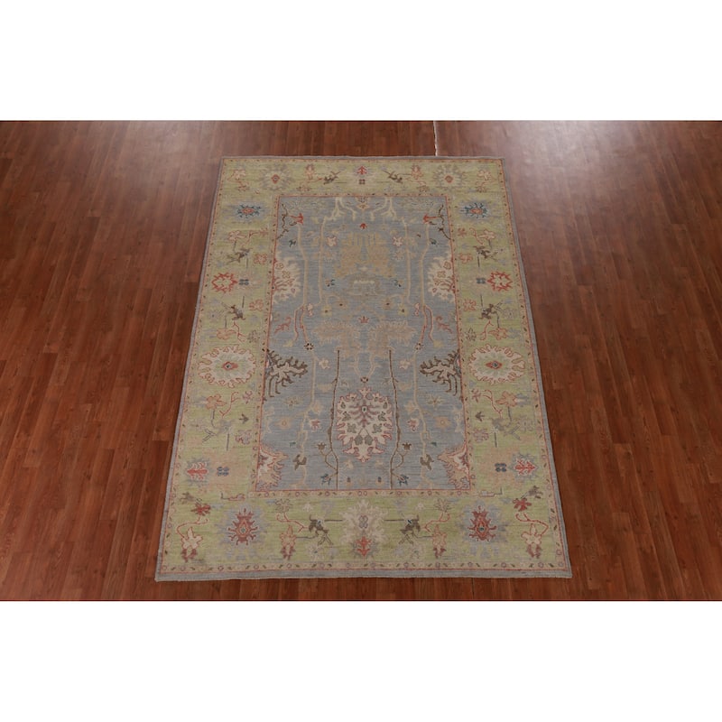 Hand Knotted Oriental 100% Wool Carpet Transitional All-Over Navy Blue & Blues Oushak Area Rug - 8' 11'' X 6' 1''