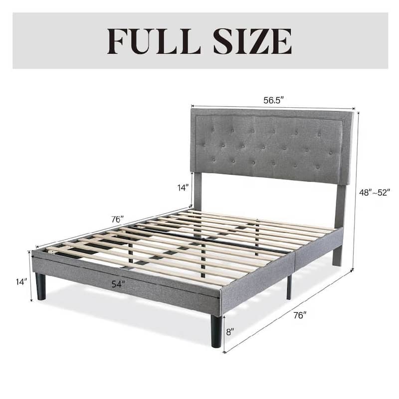 Modern Linen Upholstered Platform Bed with Tufted Button Headboard and Wood Slat Support