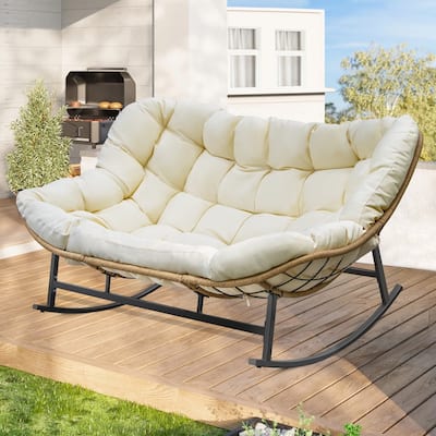 FINCATI Outdoor Double Papasan Chair, Oversized Patio Rocking Chair, 700 lbs Indoor Wicker Rocking Chair for Two