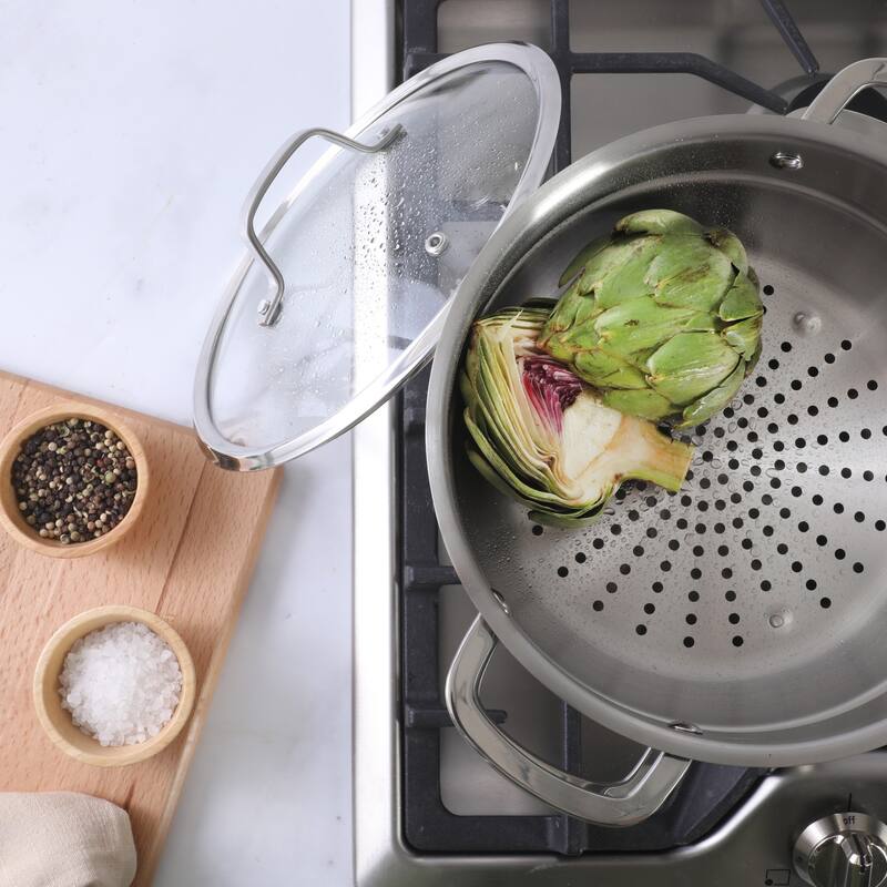 Sur La Table Kitchen Essentials 3-Piece 5.3-Quart Stainless Steel Dutch Oven with Steamer Insert & Glass Lid