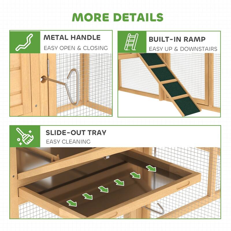 Wooden Chicken Coop with Outer Run, Nesting Box and Roosting Poles - 74.8" L x 31.9" W x 40.6" H
