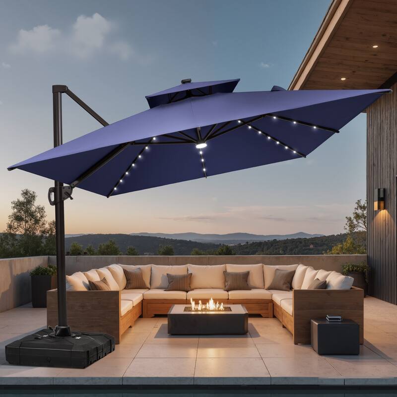 9 X 11 FT Outdoor Patio Cantilever Umbrella with Solar Lights Wheeled Base Double Canopy 360 Rotation Tilt - NavyBlue