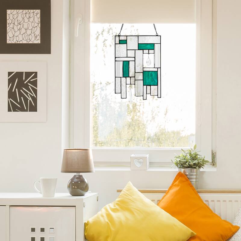 Geometric River of Goods Stained Glass Window Panel with Crystals