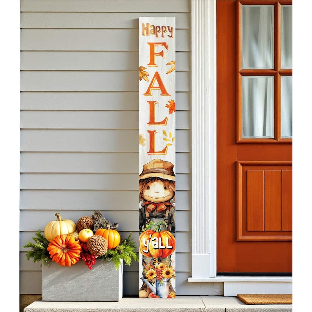 HomeRoots 72" Brown Orange And White Solid Wood Happy Fall Scarecrow Porch Sign