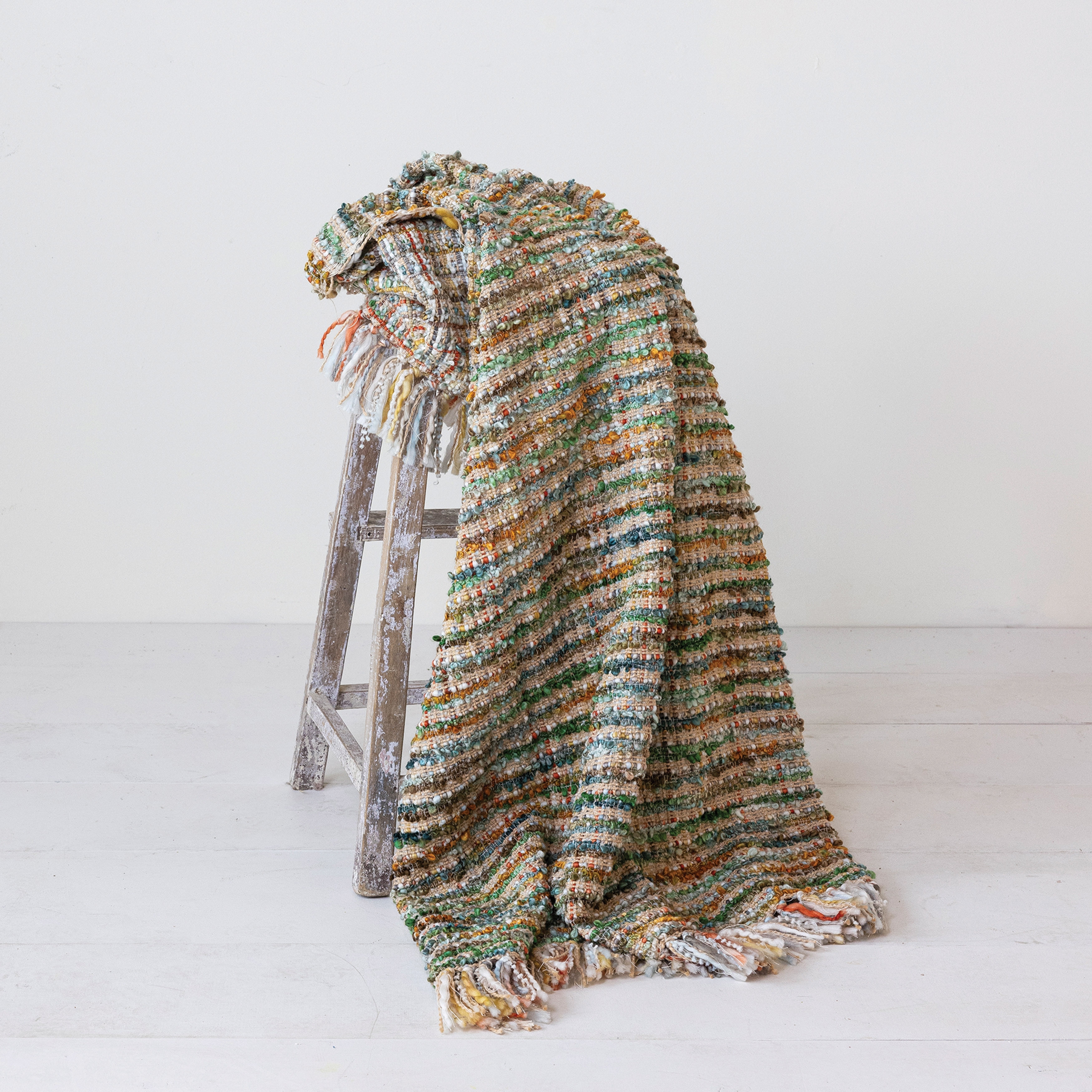 Acrylic Boucle Woven Throw Blanket, Multi-color, Boho, Fringe - On