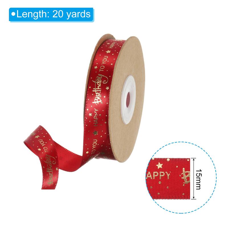 Satin Ribbons with Gold Printed, Happy Birthday Ribbon - Red - 20 Yard