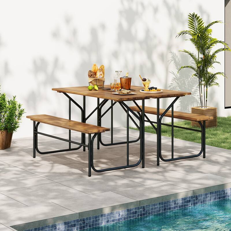 Gymax 2PCS Table Bench Set for 2 Picnic Table & Loveseat w/Acacia Wood