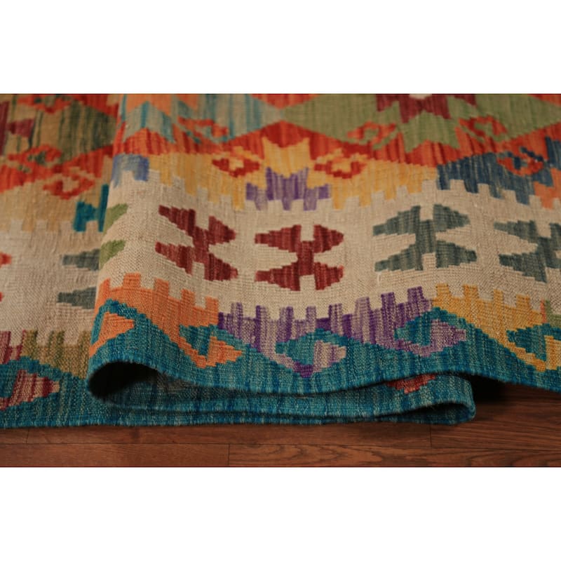 All-Over Geometric Kilim Area Rug Hand-Woven Oriental Wool Carpet - 8'4"x 11'7"
