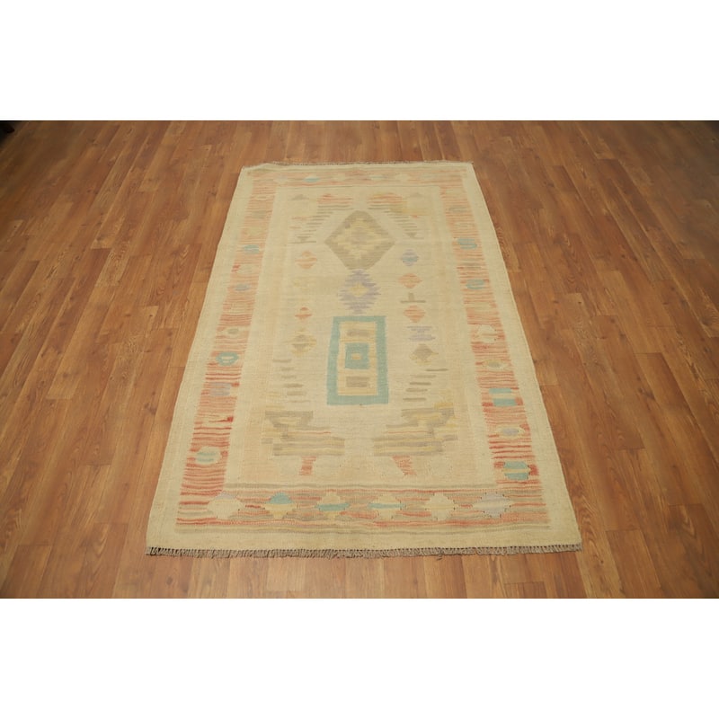 Hand Woven Oriental 100% Wool Carpet Southwestern Tribal Beige & Ivories Kilim Area Rug - 5' 1'' X 3' 2''