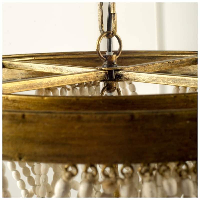 Pendra Gold Metal w/ Whitewashed Wooden Beads & 3 Bulbs Chandelier - 26"W x 26"D x 23"H