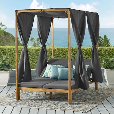 Kenzie Acacia Wood Daybed with Waterproof Cushions & Shade Curtains - 79" Outdoor Lounger