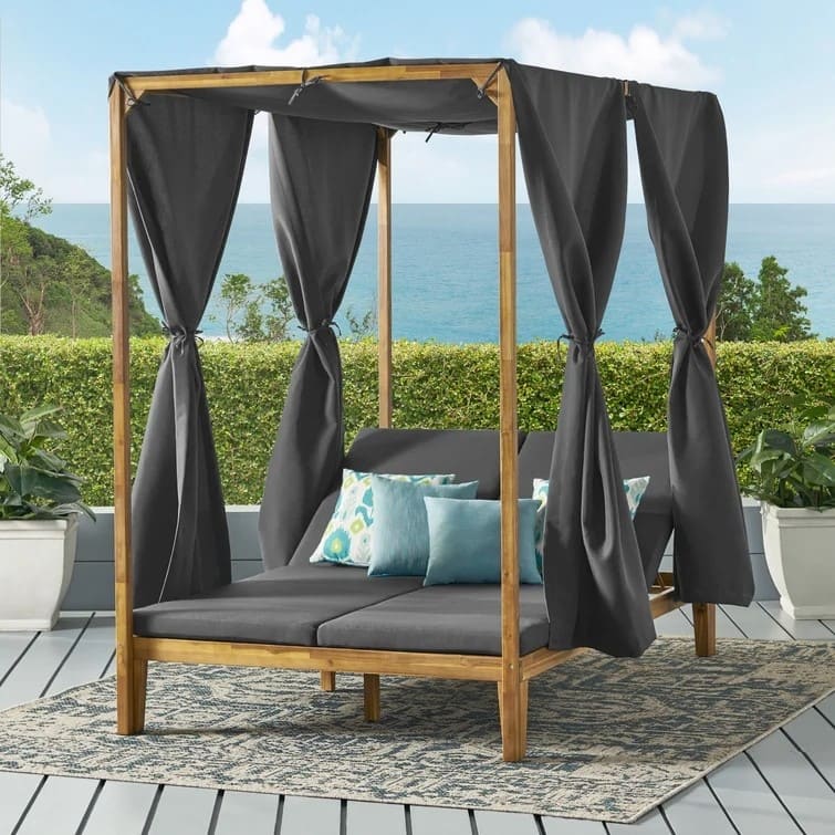 Kenzie Acacia Wood Daybed with Waterproof Cushions & Shade Curtains - 79" Outdoor Lounger