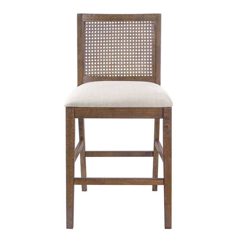 Christopher Knight Home - French Country Wood & Rattan Counter Stools with Upholstered Seat - Set of 2