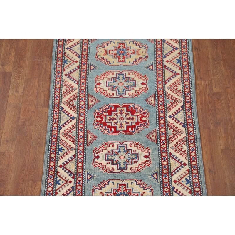 Light Blue Kazak Runner Rug Handmade Wool Carpet - 2'11" x 9'7"