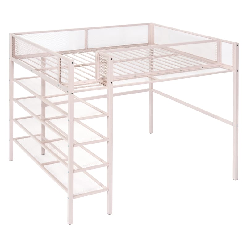Full Size Metal Loft Bed with 4-Tier Shelves and Storage, Black - N/A