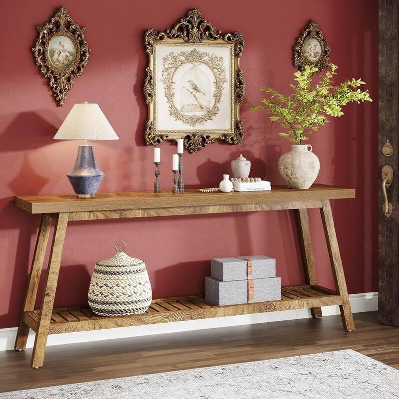 Grey-Natural Engineered Wood 2-Tier Console Table with Farmhouse Style - 70.86” L x 11.81 W x 31.49 H