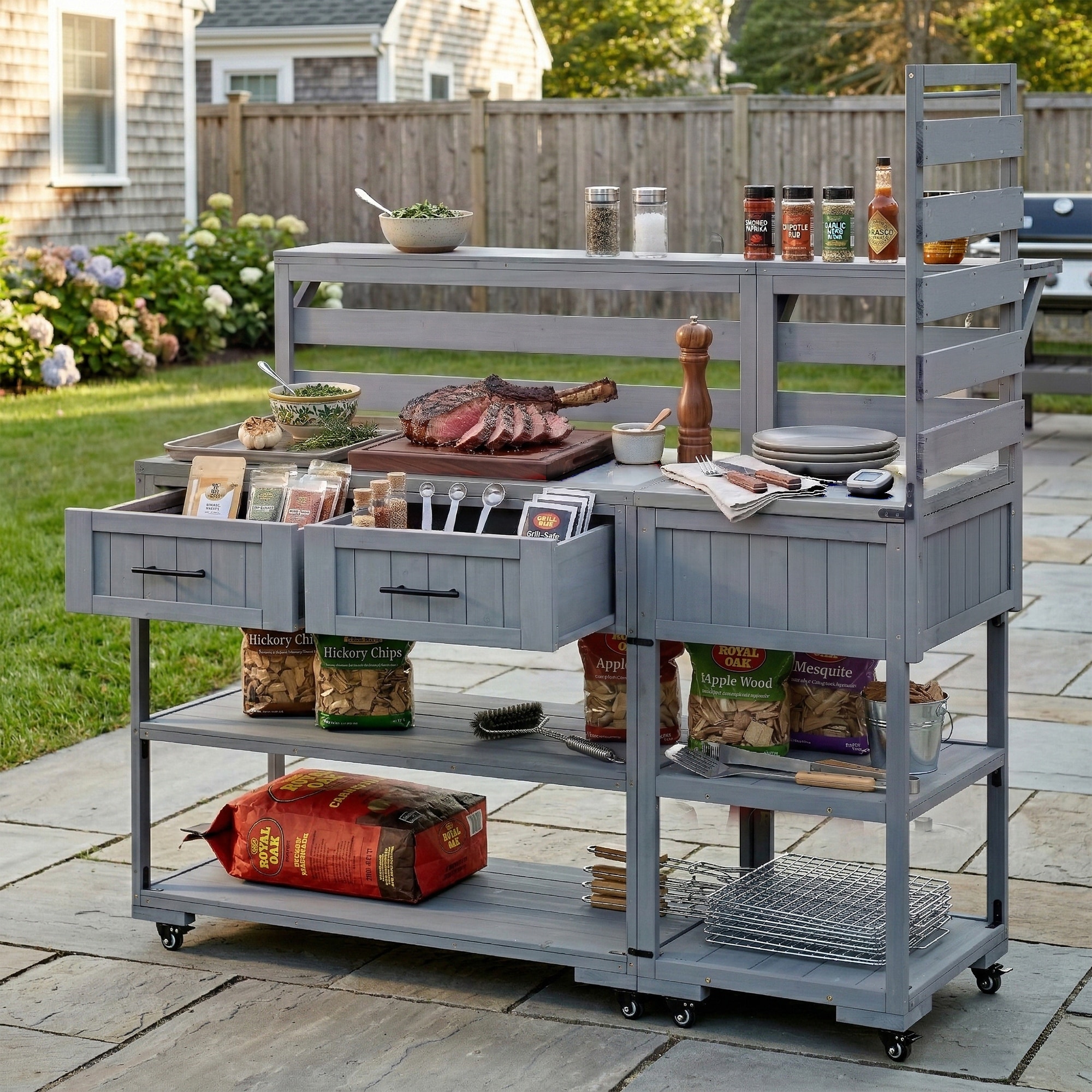 Patio Kitchen Island Cart with Solid Wood Stainless Steel Top and Drawers